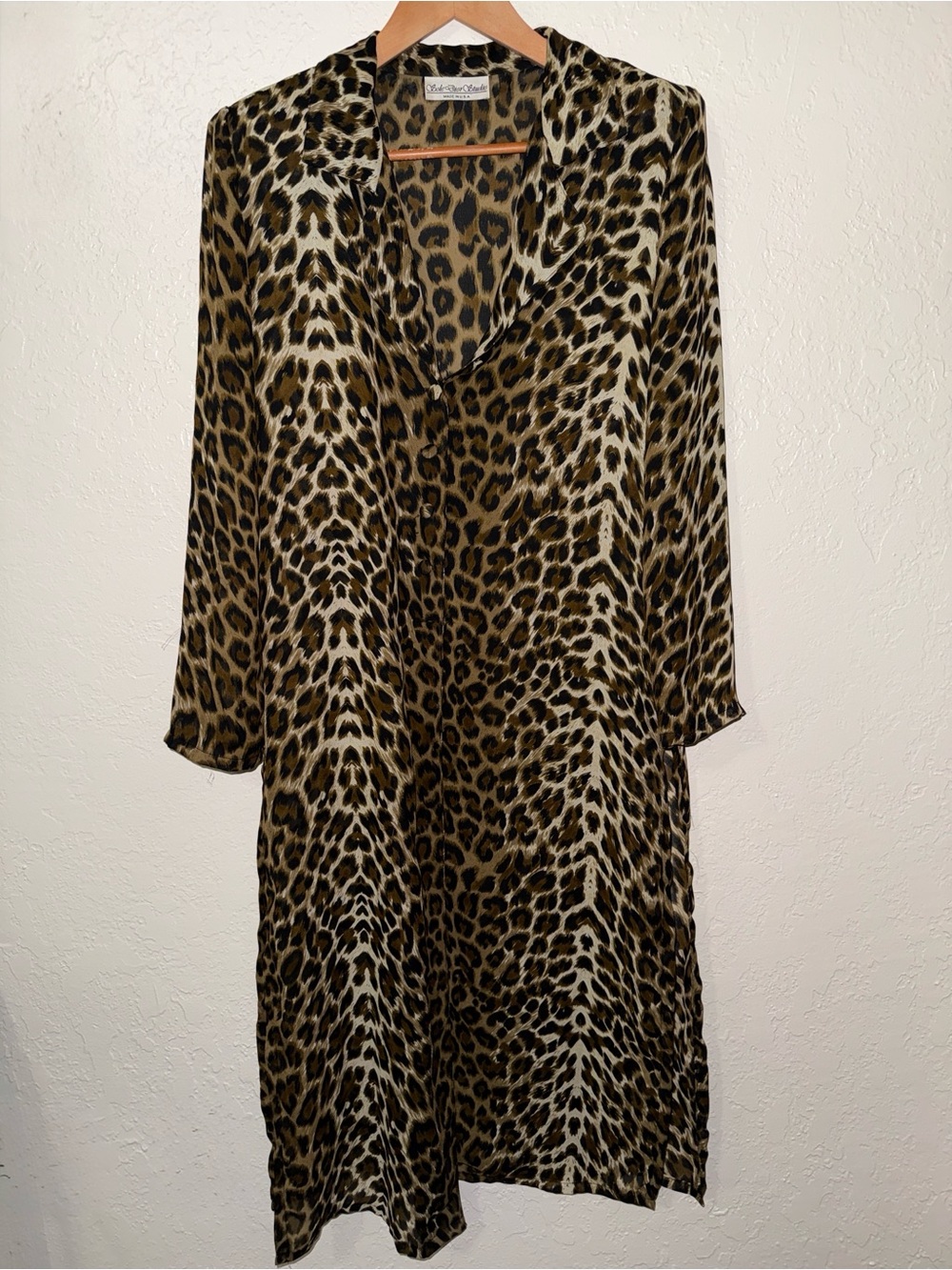 80s Leopard Print Chiffon Maxi Duster Kimono Cover Up Brown M New